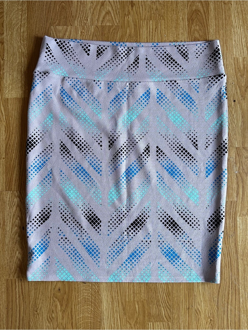 LuLaRoe Pink Pencil Skirt with Blue, Mint and Black Chevron Pattern
